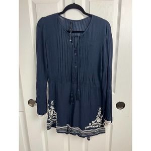 Romeo & Juliet Women Romper Long Bell Sleeve Embroidered Lined Navy Blue Size M